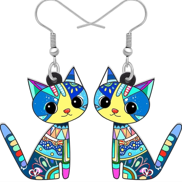 Whimsical Green and Blue Cat Earrings with Expressive Eyes - Picture 1 of 5